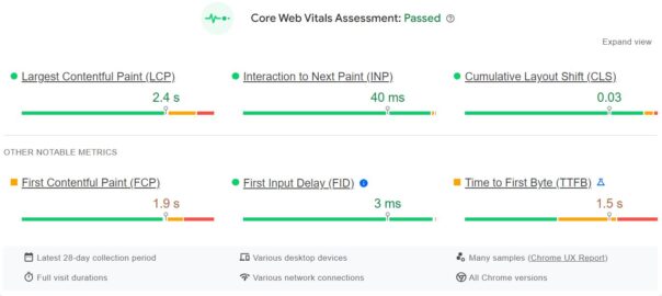Core Web Vitals Assessment from PageSpeed Insights