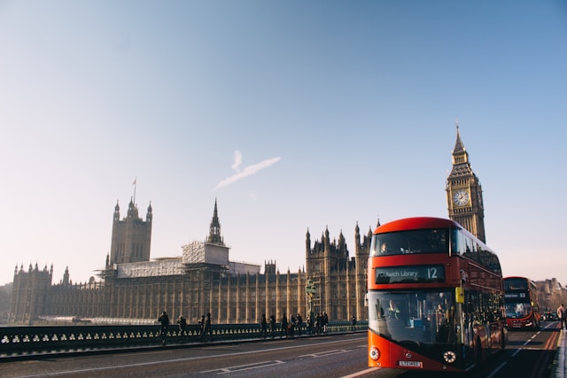 double decker bus near Houses of Parliament, London